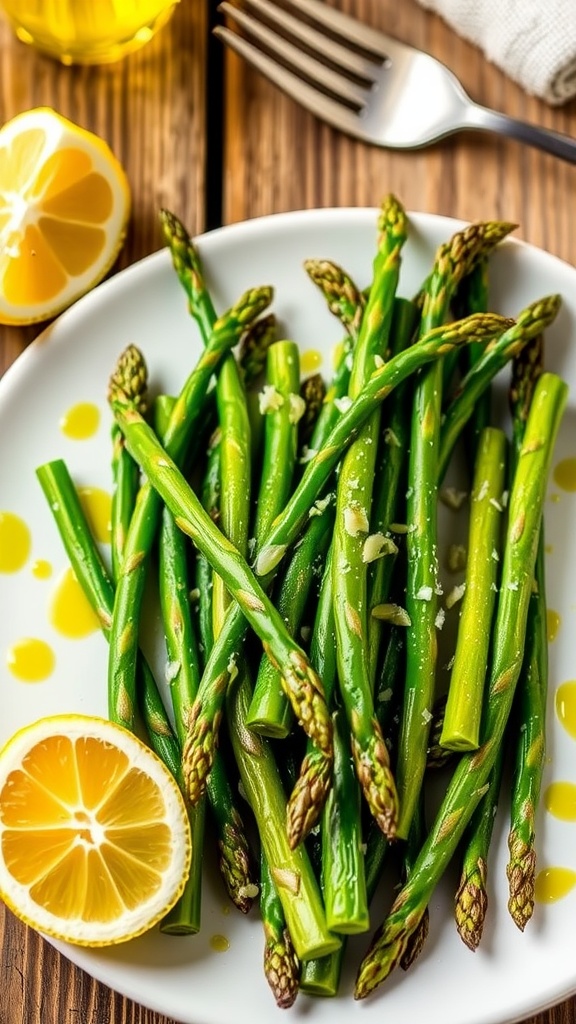 A plate of savory garlic asparagus garnished with lemon on a rustic table.